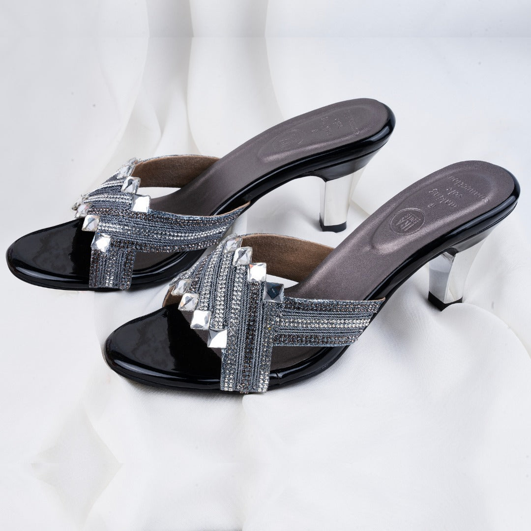 Metallic Black Diamond Mules Sandals
