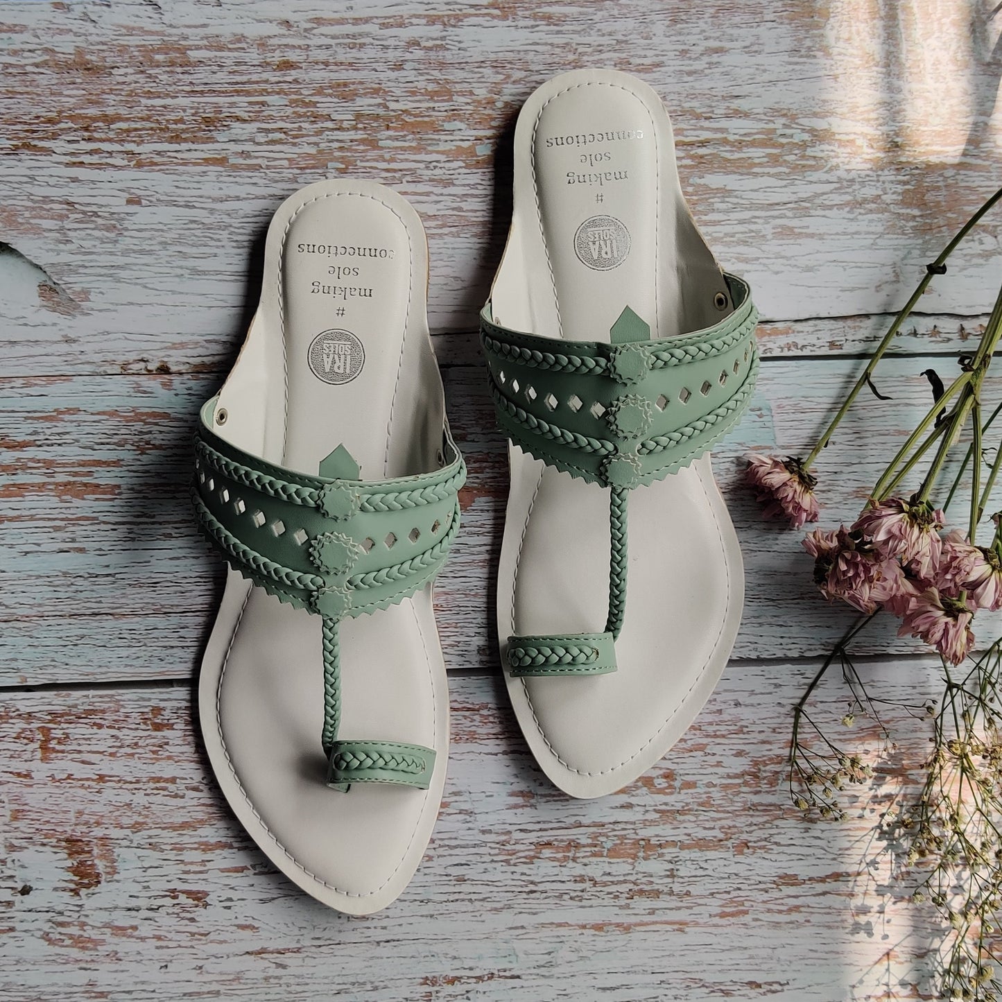 Tea Green And Snow White Faux Leather Kolhapuri