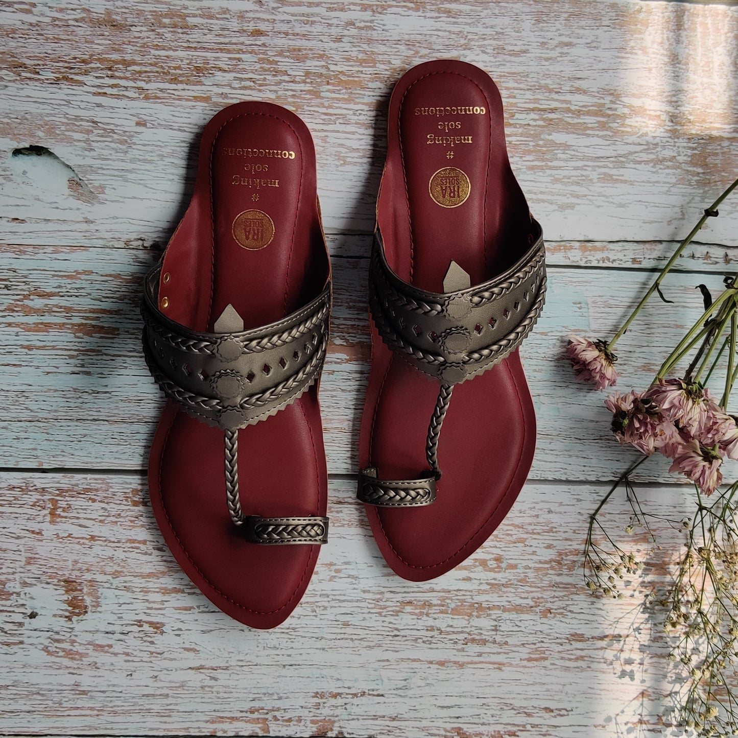 Maroon and Metallic Grey Faux Leather Kolhapuris