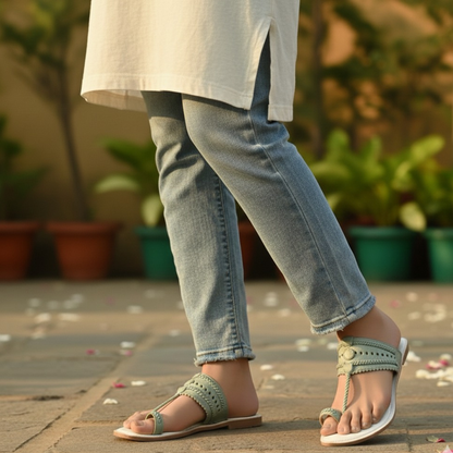Tea Green And Snow White Faux Leather Kolhapuri
