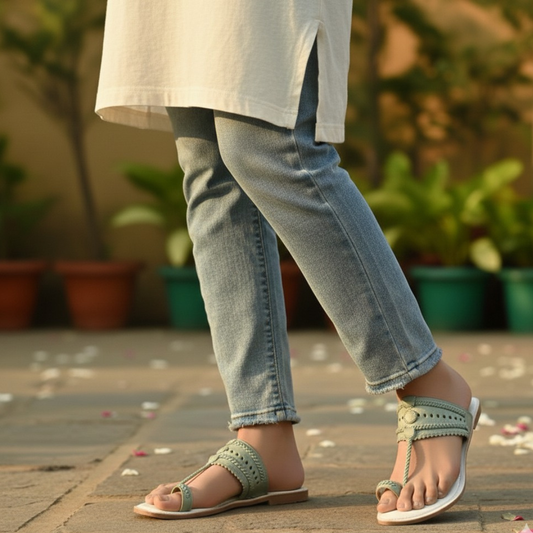 Tea Green And Snow White Faux Leather Kolhapuri