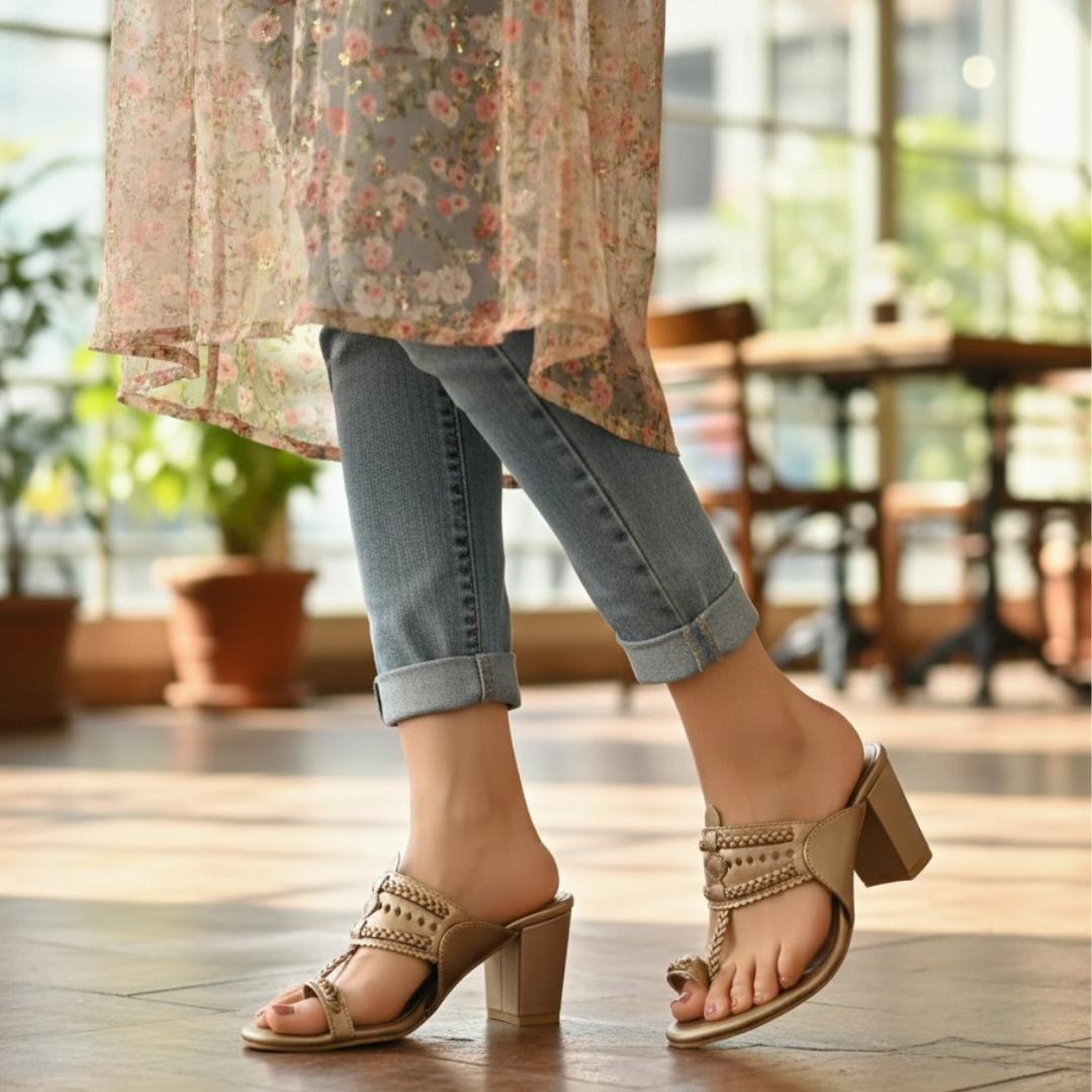 Gold block heels kolhapuri