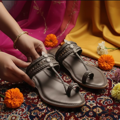 Metallic Grey Faux Leather Kolhapuris