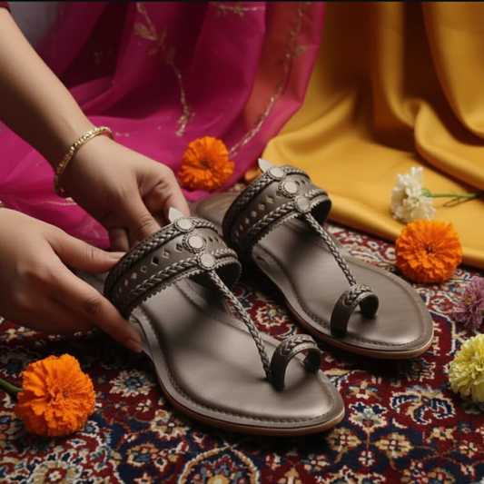 Metallic Grey Faux Leather Kolhapuris