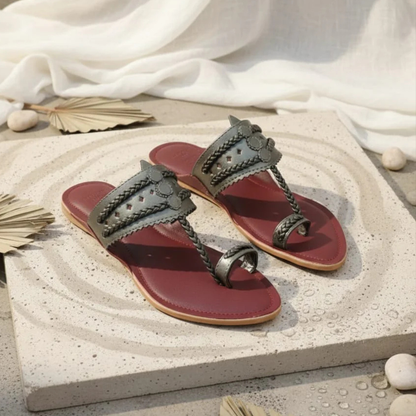 Maroon and Metallic Grey Faux Leather Kolhapuris