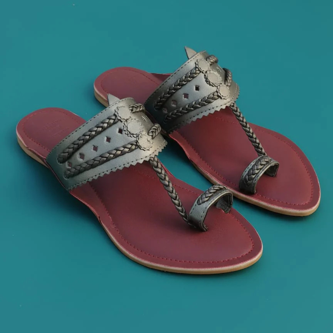 Maroon and Metallic Grey Faux Leather Kolhapuris