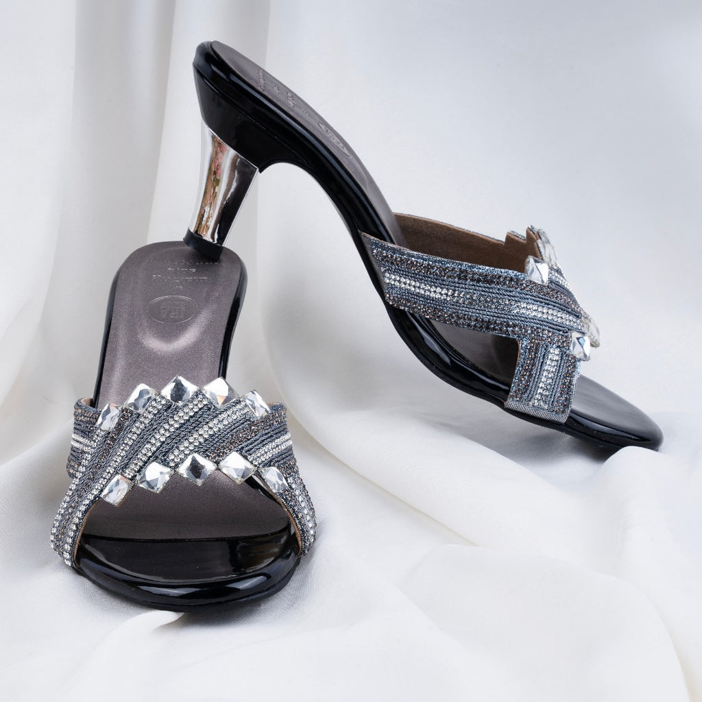 Metallic Black Diamond Mules Sandals