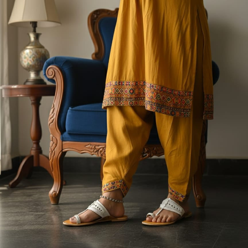 Tuscany yellow and Snow White faux Leather Kolhapuris