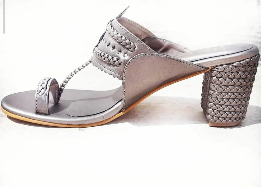 Metallic Grey Braided Block Heels