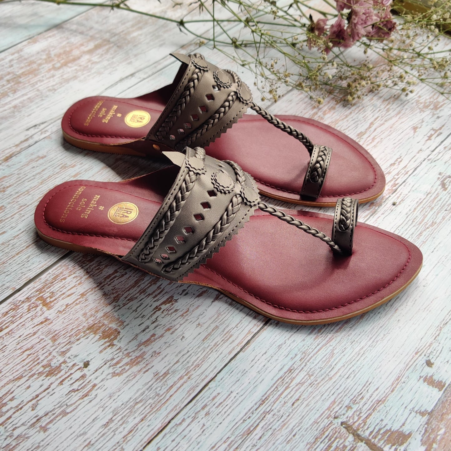 Maroon and Metallic Grey Faux Leather Kolhapuris